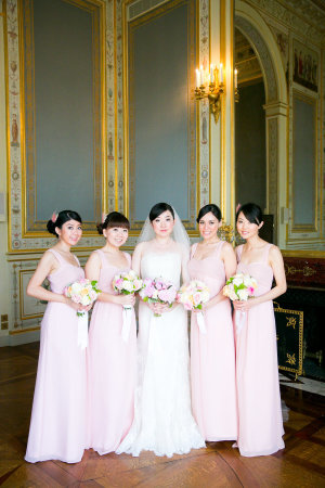 Bridesmaids in Long Pink Dresses