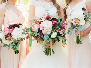 Bridesmaids with Blush and Burgundy Bouquets