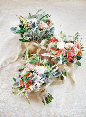 Pale Blue and Coral Bouquets