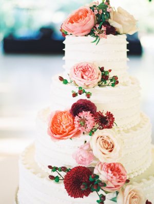 Wedding Cake with Pink and Red Flowers