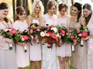 Bridesmaids with Burgundy Bouquets