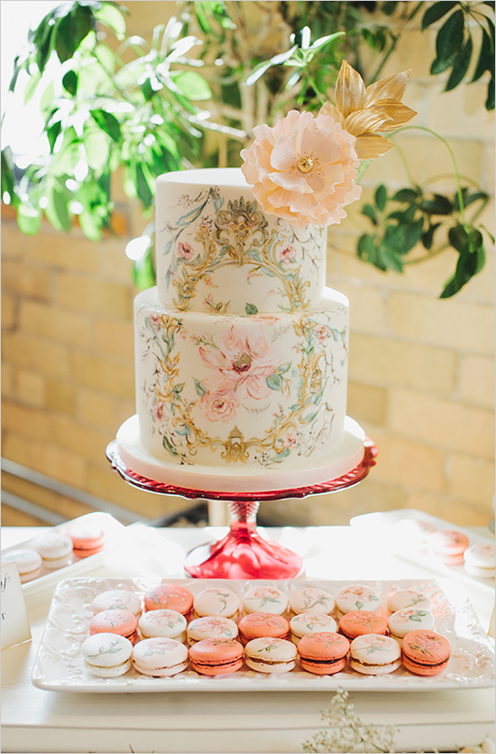 Watercolor Painted Wedding Cake and Macarons