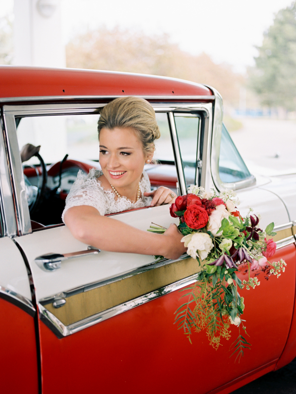 Bride in Vintage Red Car