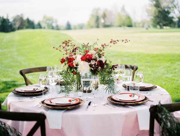 Red Flowers with Pink Table Linen