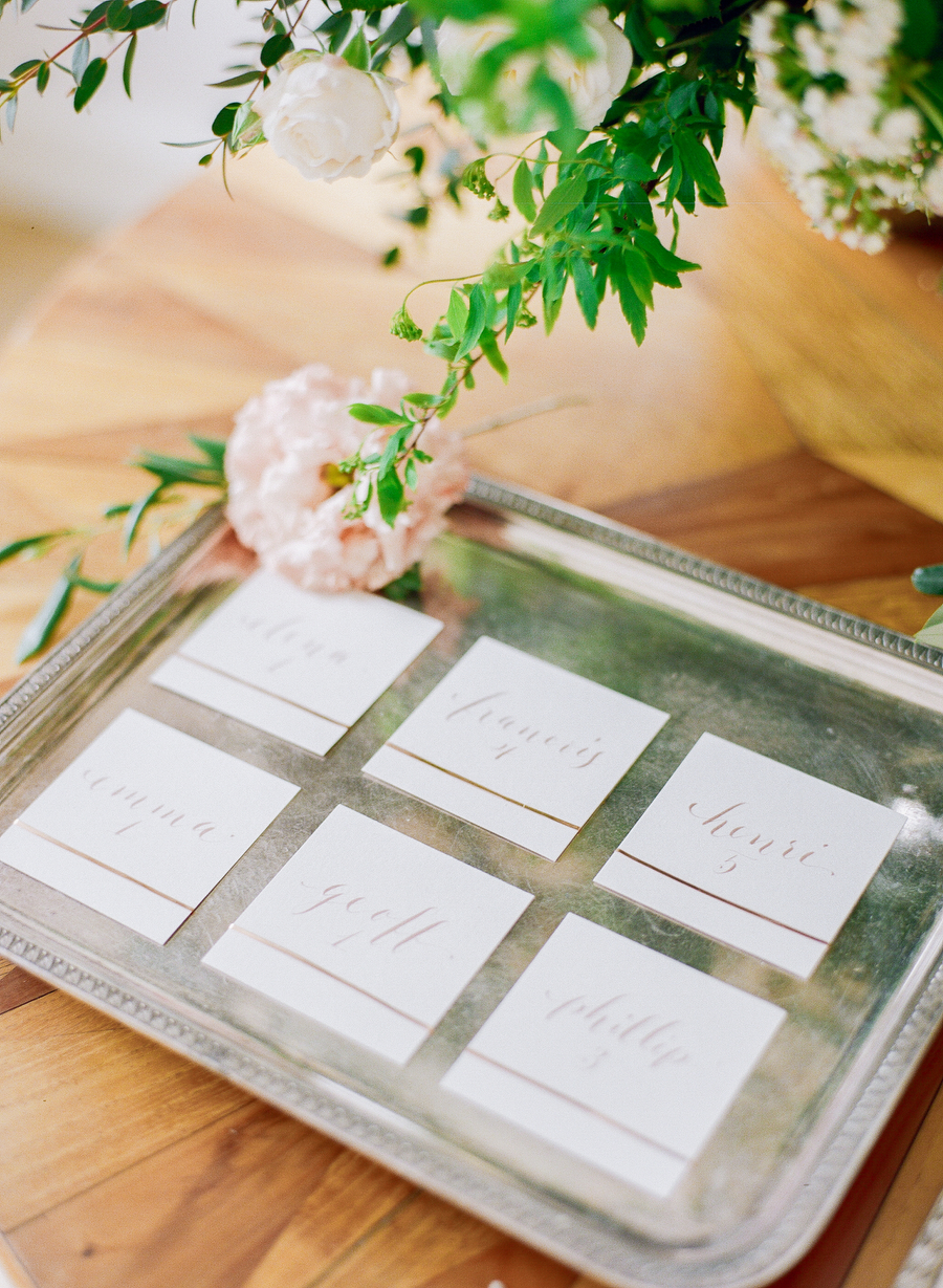 Calligraphy Escort Cards on Silver Tray