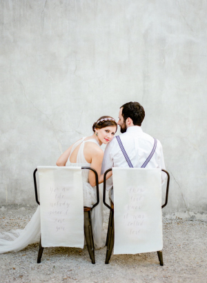 Bride and Groom with Calligraphy Chair Signs