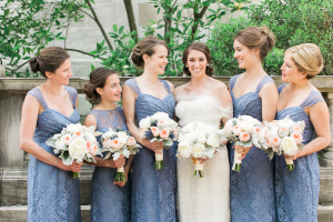 Bridesmaids in Blue Lace Gowns