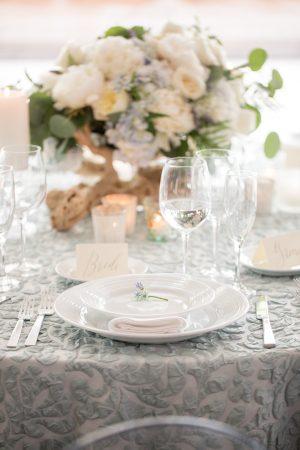 Centerpiece with Pale Ivory and Blue Flowers