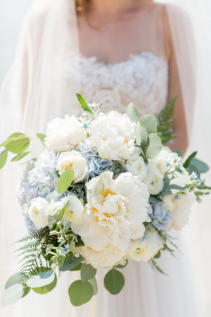 Ivory Peony and Blue Hydrangea Bouquet
