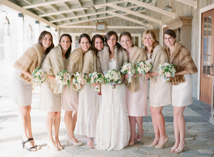 Winter Bridesmaids In Neutral Dresses and Fur Stoles