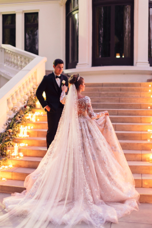 Bride and Groom Dramatic Staircase Photo