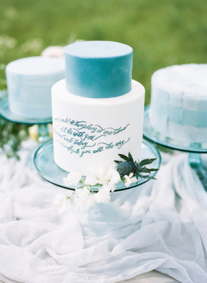 Wedding Cake with Blue Calligraphy
