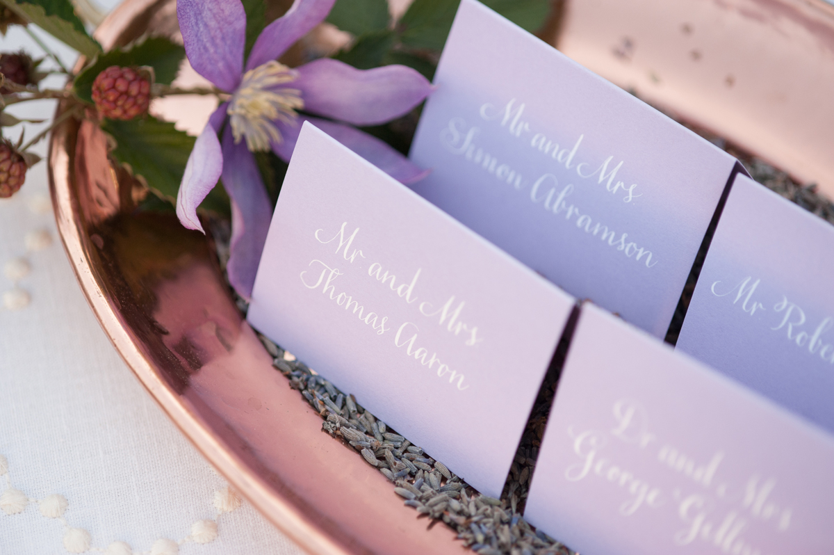 Lavender Escort Cards with White Calligraphy