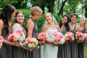 Bridesmaids in Gray with Pink Bouquets