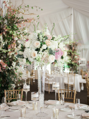 Tall Ivory and Pink Wedding Centerpiece with Crystals