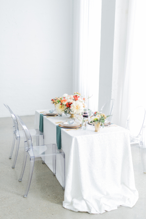 Wedding Table with White Sequin Tablecloth