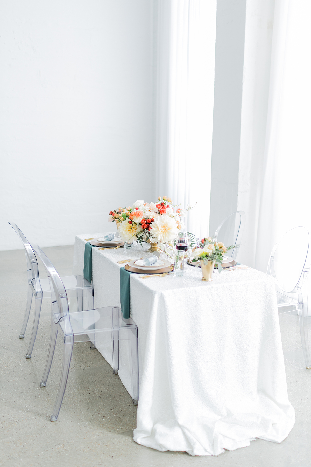 Wedding Table with White Sequin Tablecloth