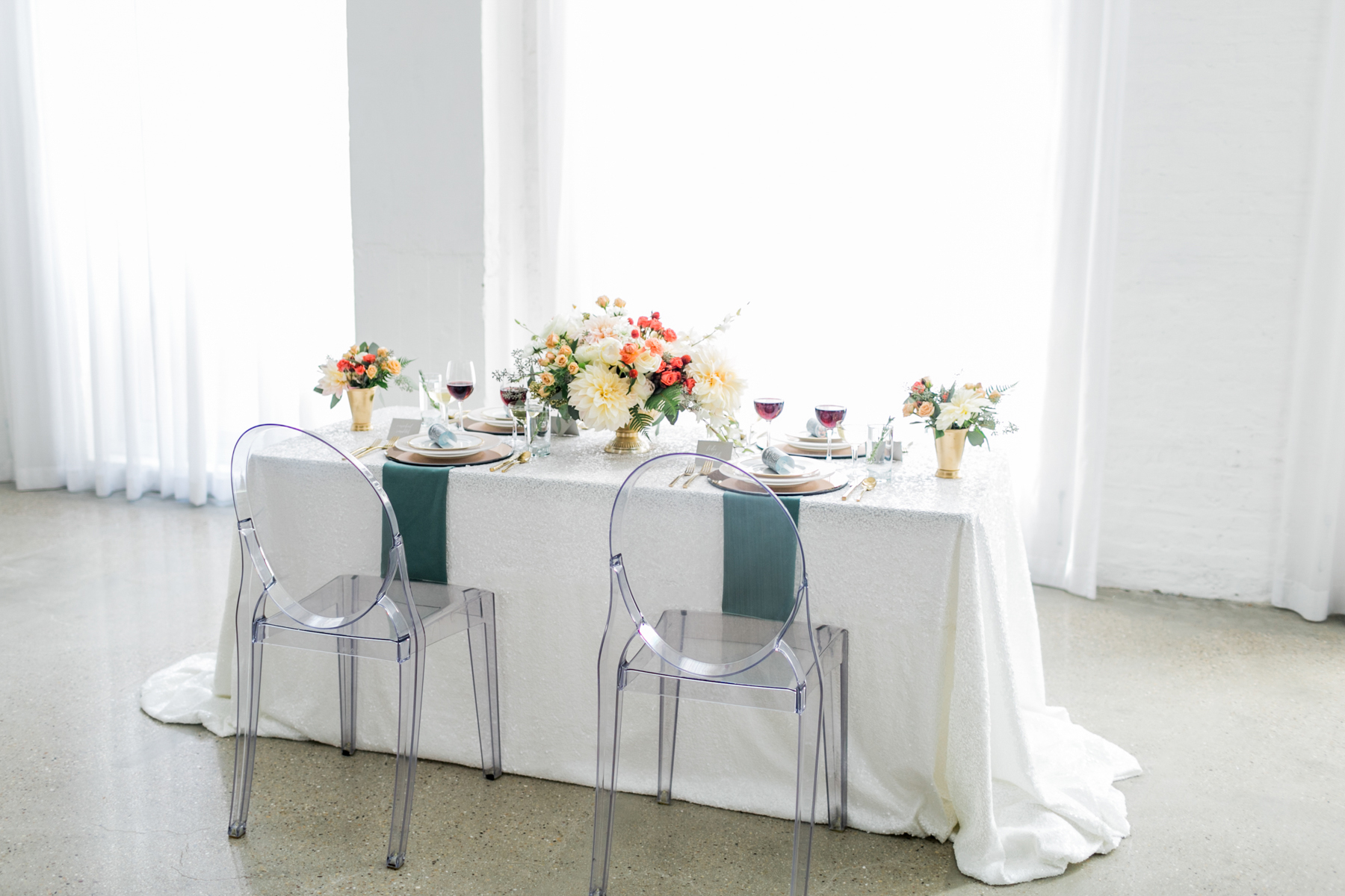 White Slate Blue and Coral Wedding Table