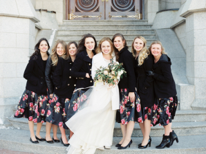 Bridesmaids in Black Floral Print Dresses