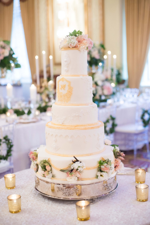 Tiered White and Gold Wedding Cake