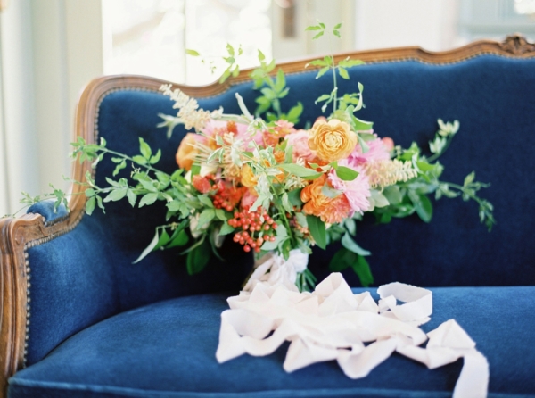 Bouquet on Blue Velvet Couch