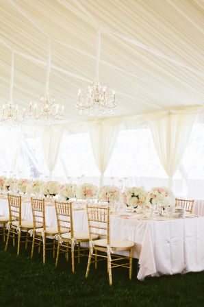 Blush Tent Reception with Chandeliers