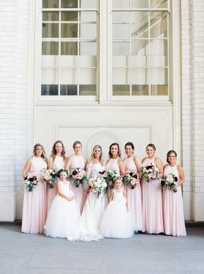 Bridesmaids in Pink Bill Levkoff Dresses
