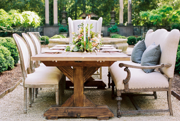 Farmhouse Tables and Upholstered Seating for Wedding