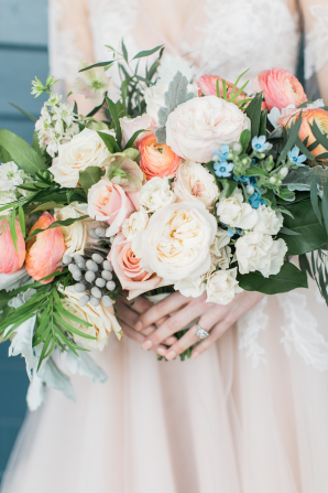 Blush and Pale Coral Bridal Bouquet with Blue