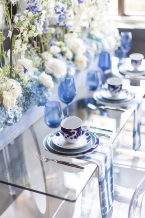 Glass Wedding Table with Blue Accents
