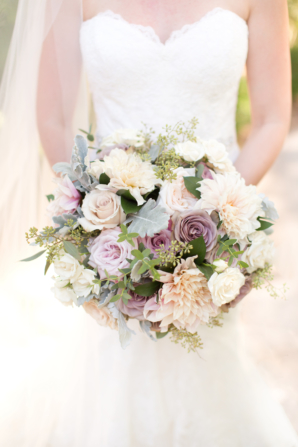 Bride with Ivory and Purple Bouquet