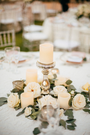 Centerpiece of Candles and Garden Roses