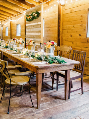 Wood Tables and Mismatched Chairs at Wedding