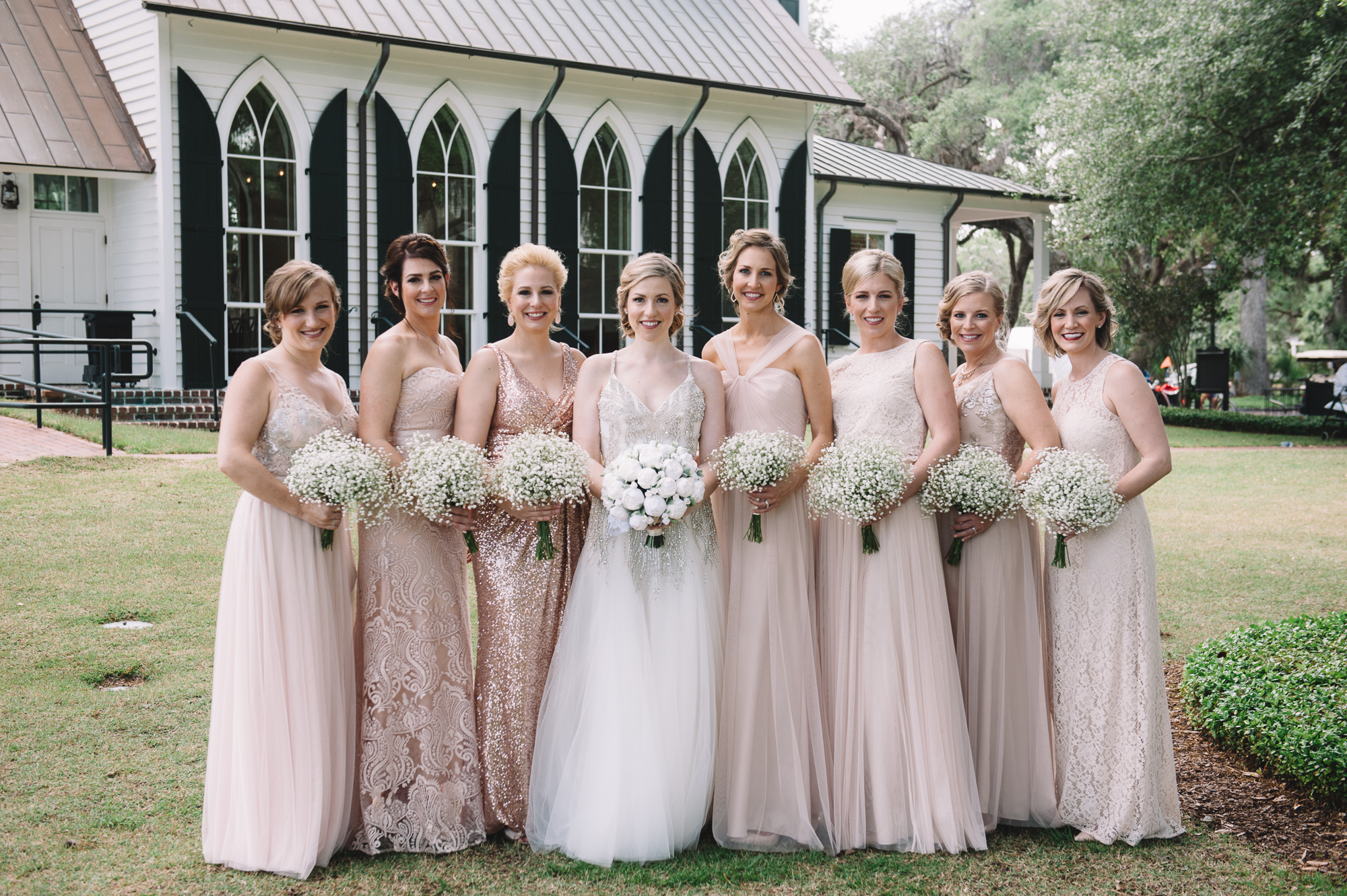 Bridesmaids in Mismatched Champagne Dresses