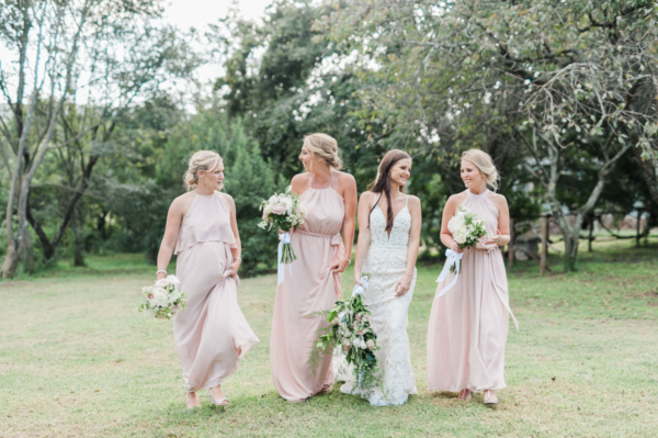 Bridesmaids in Pink Chiffon Dresses