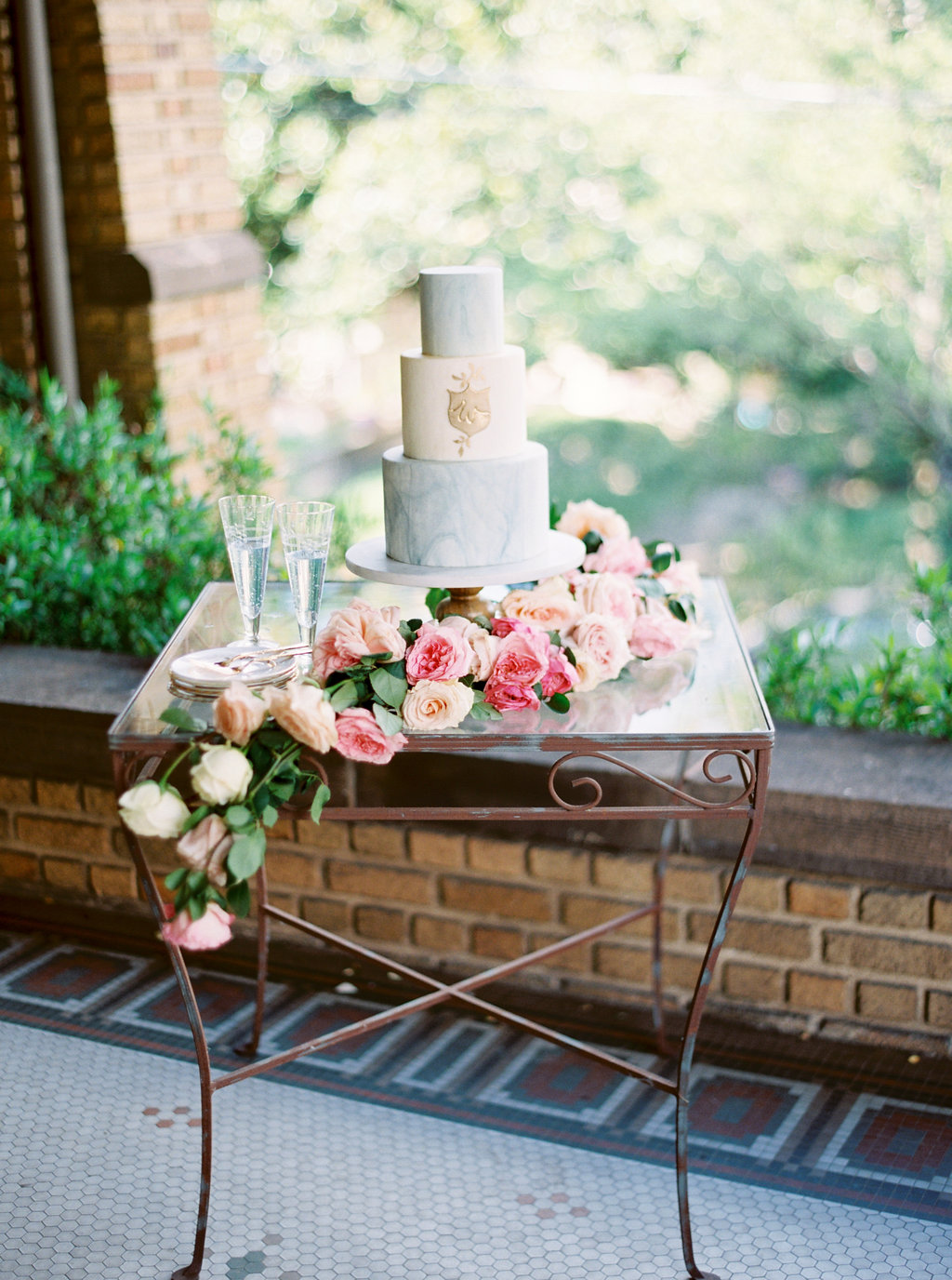 Cake Table with Blue and White Marble Wedding Cake