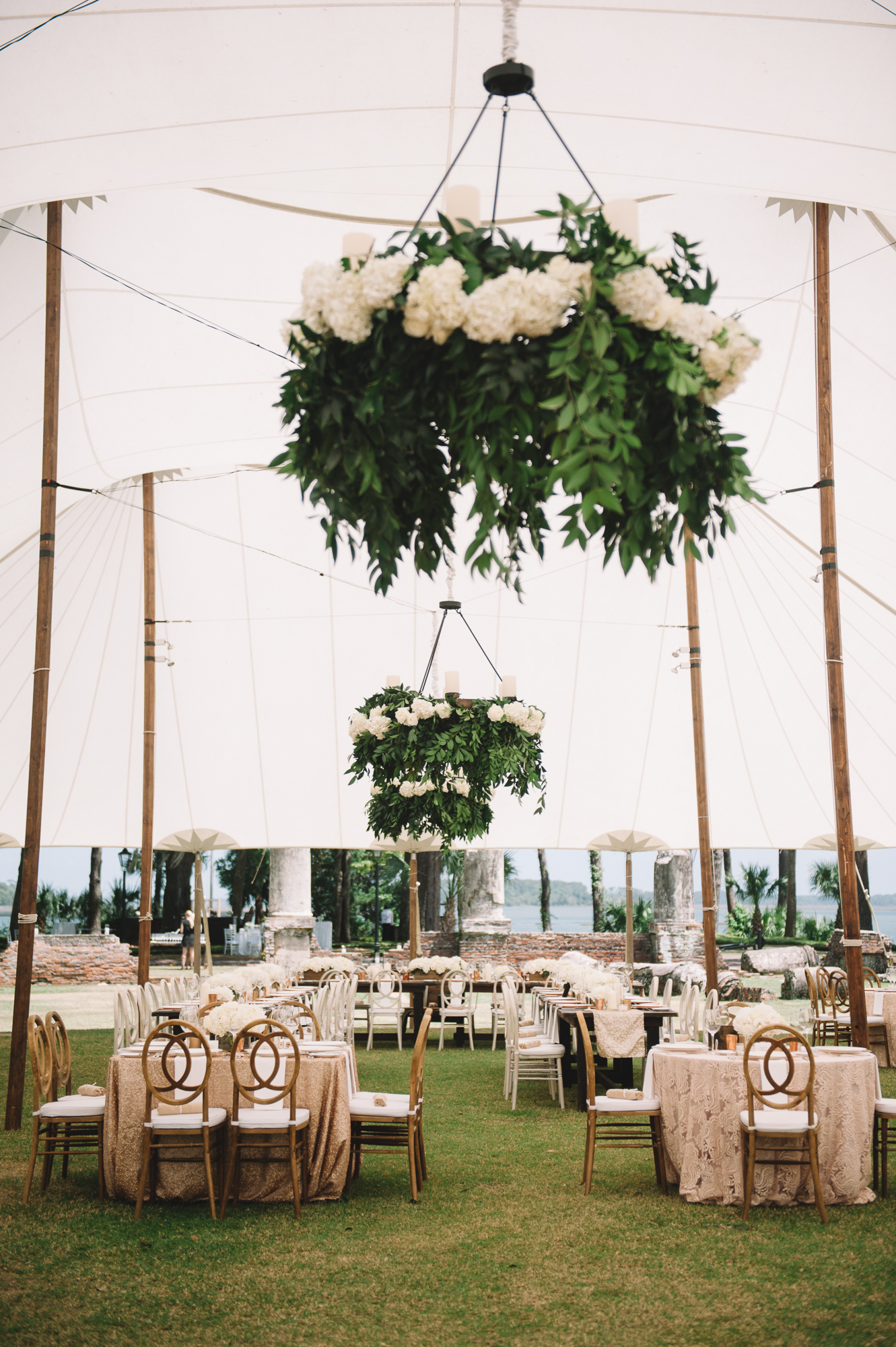 Tent Wedding with Greenery Chandeliers