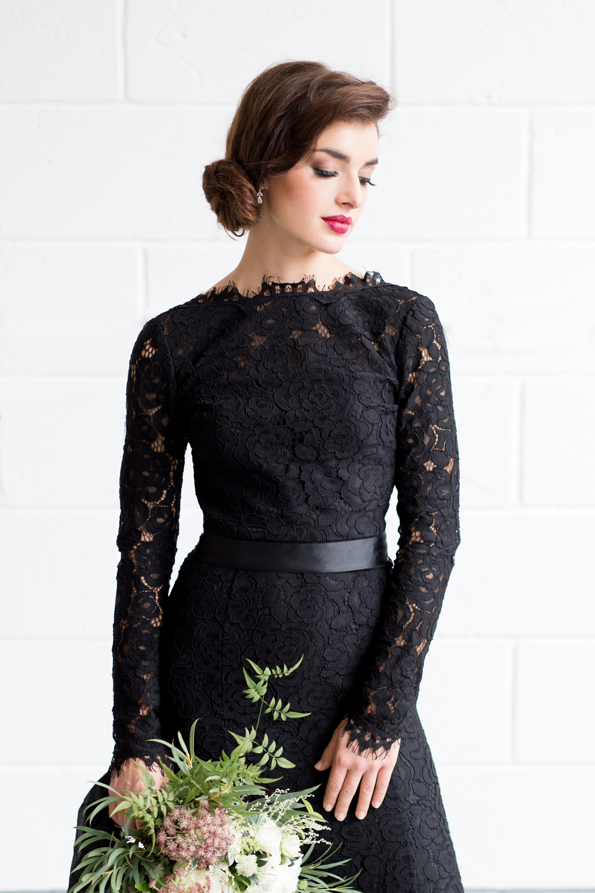 Bridesmaid in Black Lace Sleeve Gown