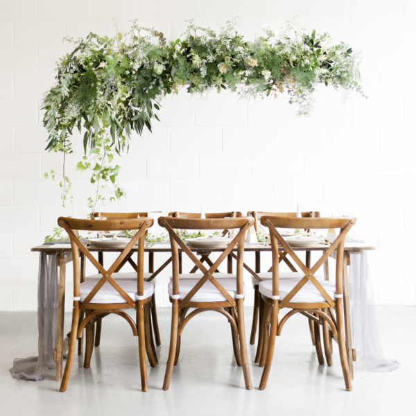Wedding Table with Hanging Greenery Chandelier