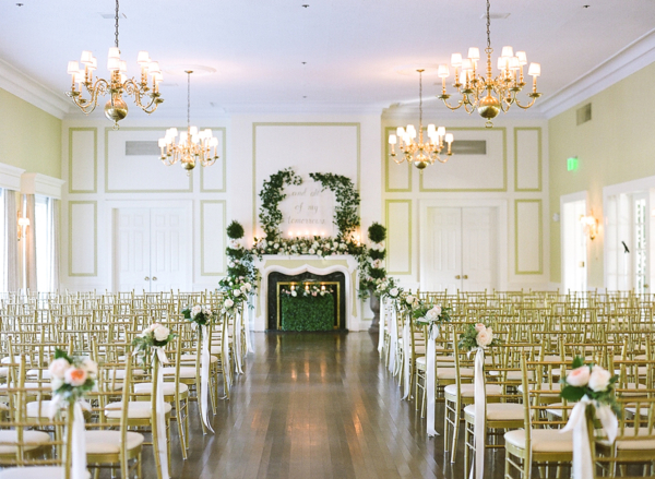Gold and Green Indoor Ballroom Wedding Ceremony