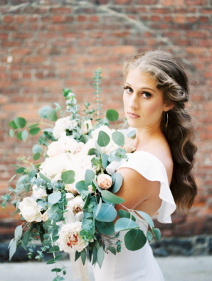 Bride with Large Greenery and Peony Bouquet