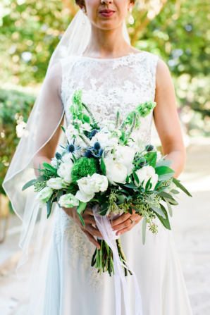 Bride with Rose and Blue Thistle Bouquet