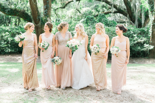 Bridesmaids in Champagne Mismatched Dresses