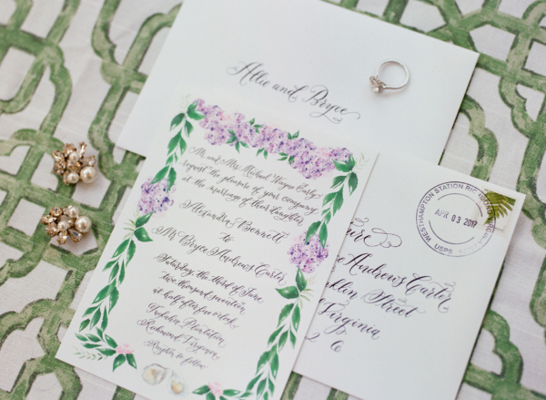 Calligraphy Wedding Invitations with Lavender and Green