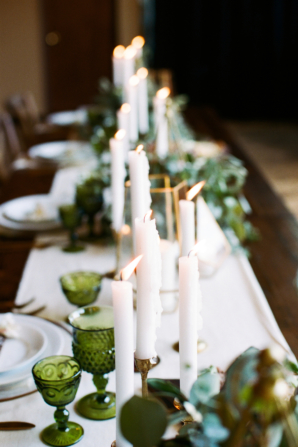 Taper Candles and Green Glassware