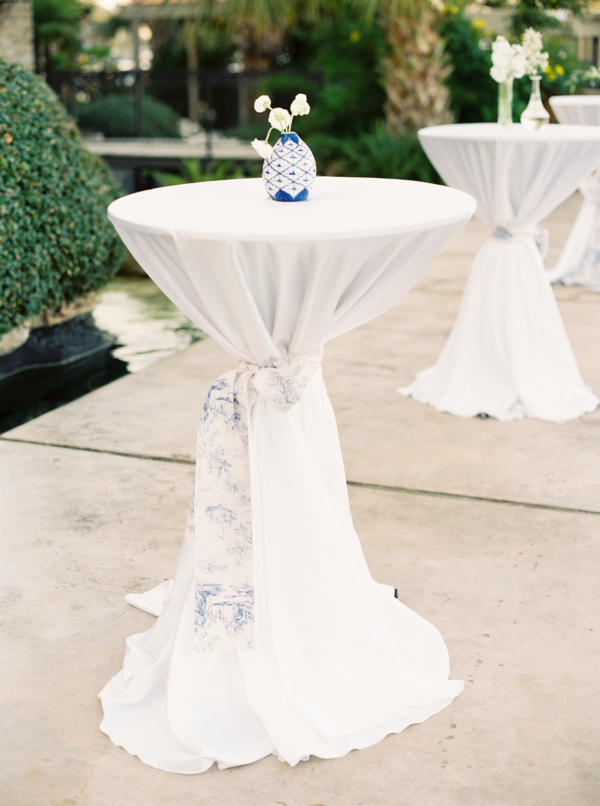 Wedding Cocktail Tables with Toile Linens