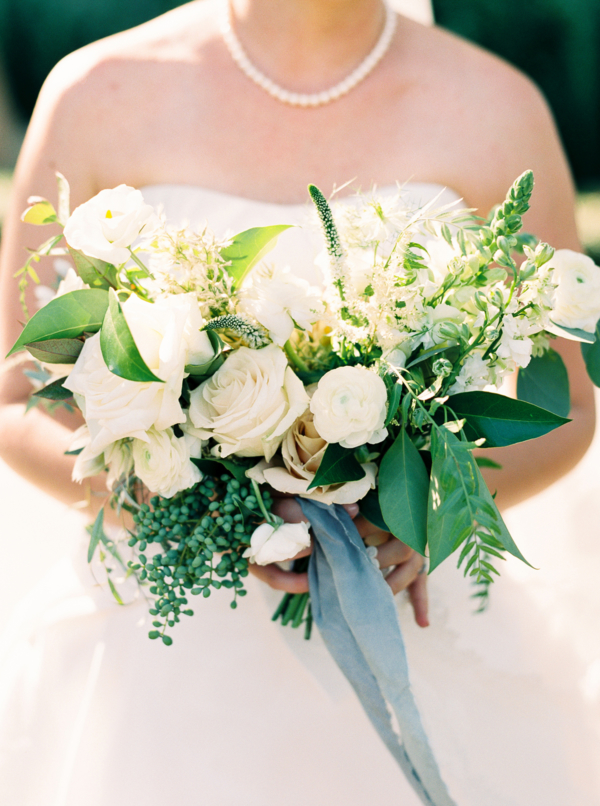 White Bridal Bouquet with Blue Silk Ribbon