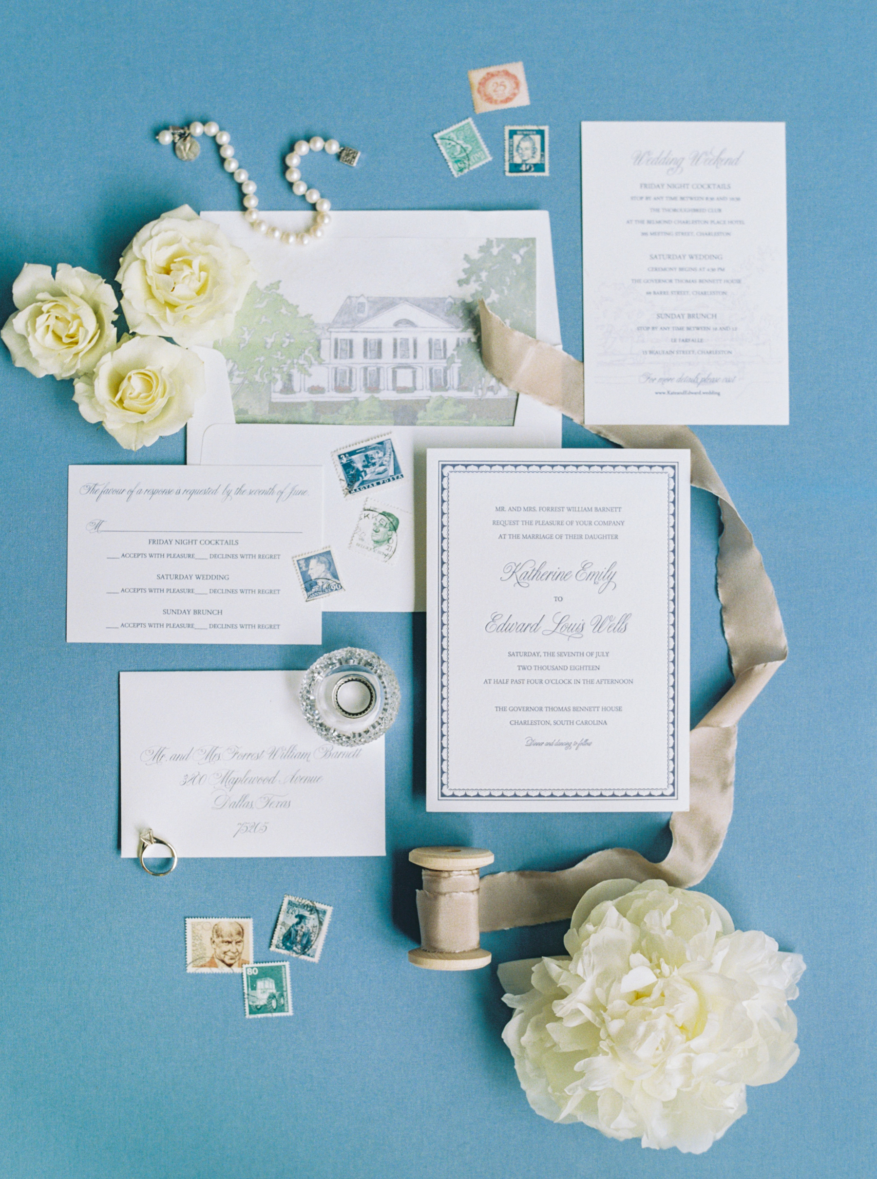 French Blue and White Charleston Wedding Invitations