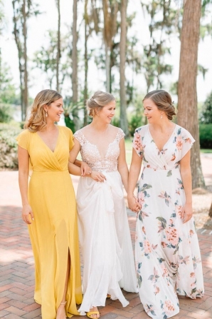 Yellow and Floral Bridesmaids Dresses
