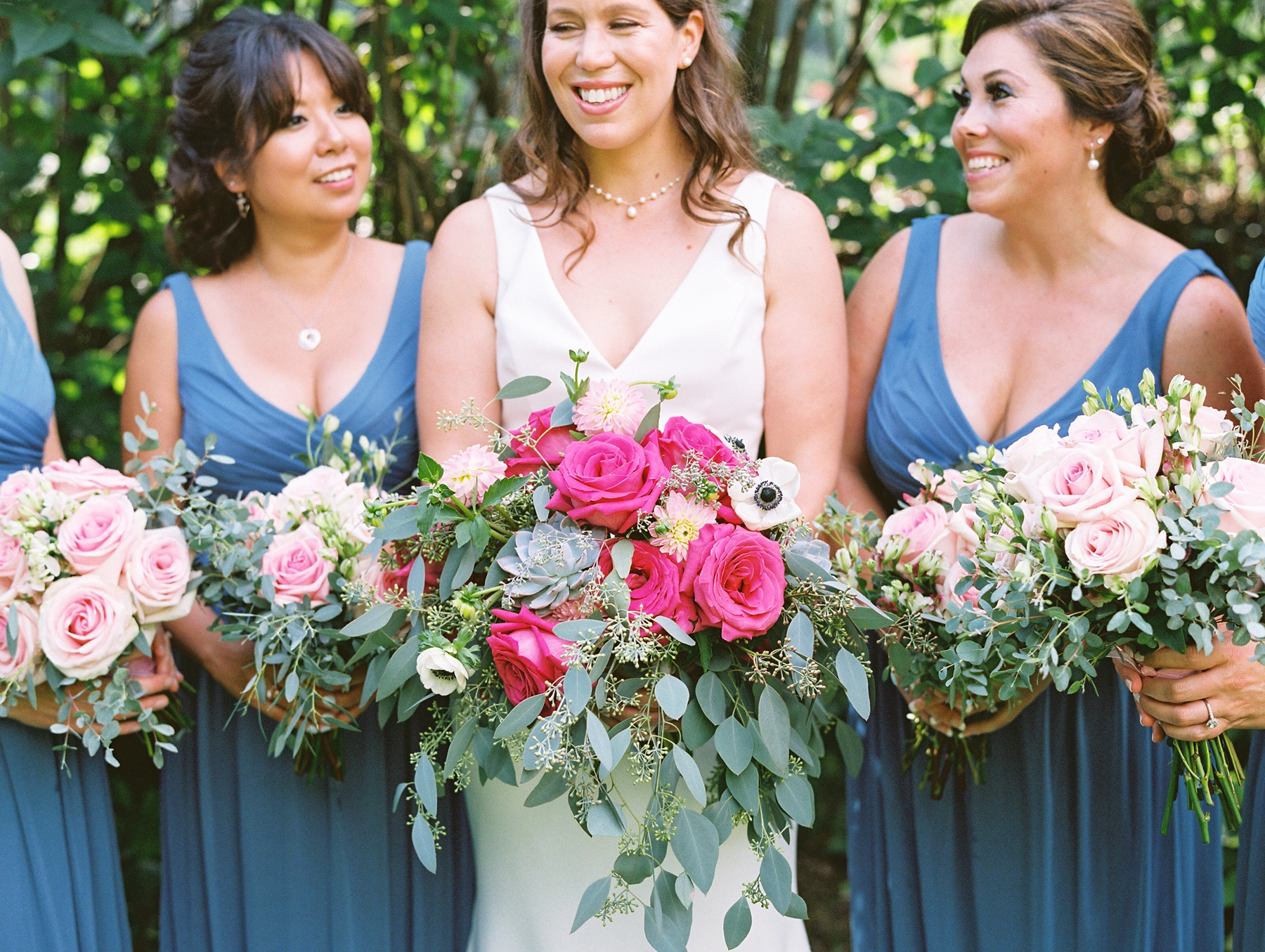 Bridesmaids in Blue with Pink Bouquets